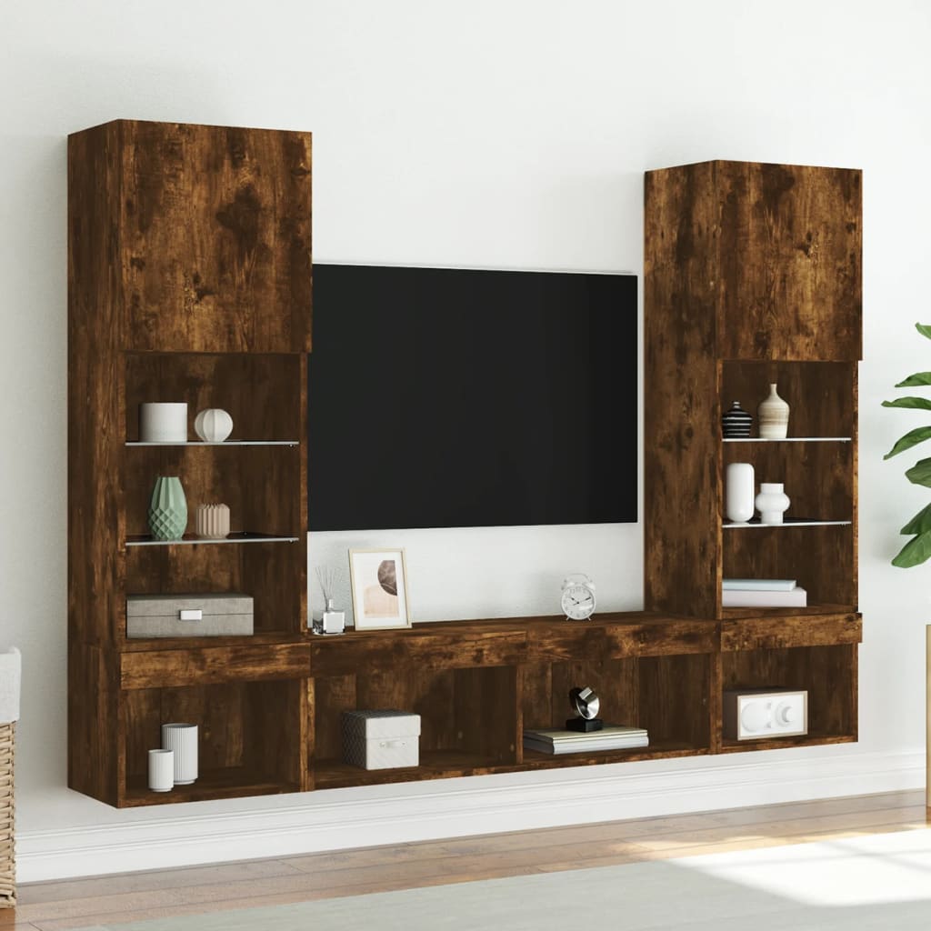 vidaXL 5 Piece TV Wall Units with LED Smoked Oak Engineered Wood 4