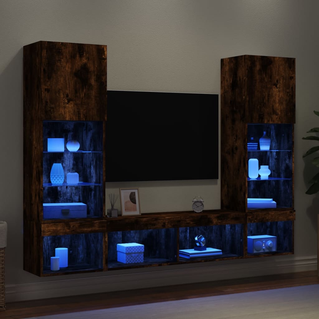 vidaXL 5 Piece TV Wall Units with LED Smoked Oak Engineered Wood 1