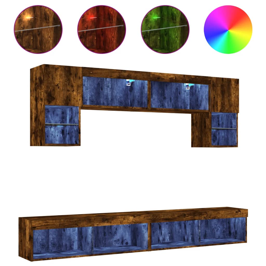 vidaXL 6 Piece TV Wall Units with LED Smoked Oak Engineered Wood 2