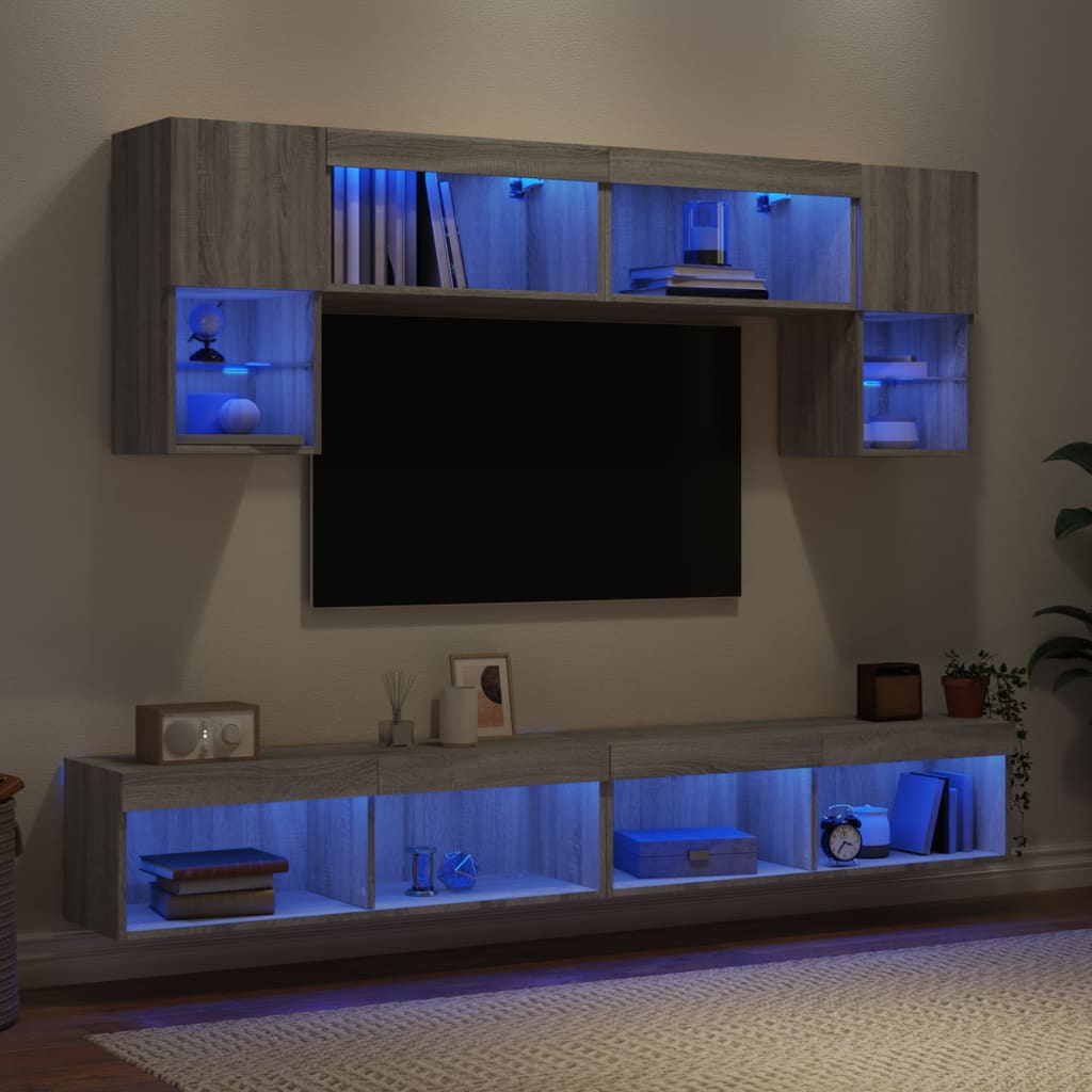 vidaXL 6 Piece TV Wall Units with LED Grey Sonoma Engineered Wood 1