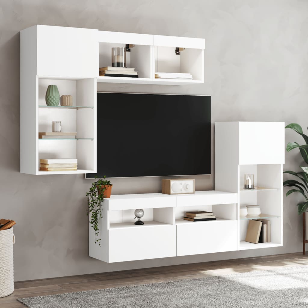 5 Piece TV Wall Units with LED Engineered Wood White
