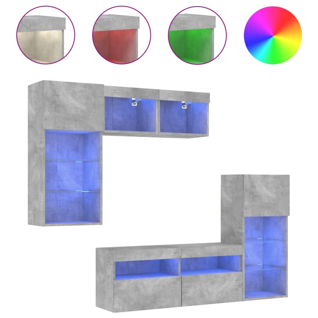 5 Piece TV Wall Units with LED Engineered Wood Concrete grey