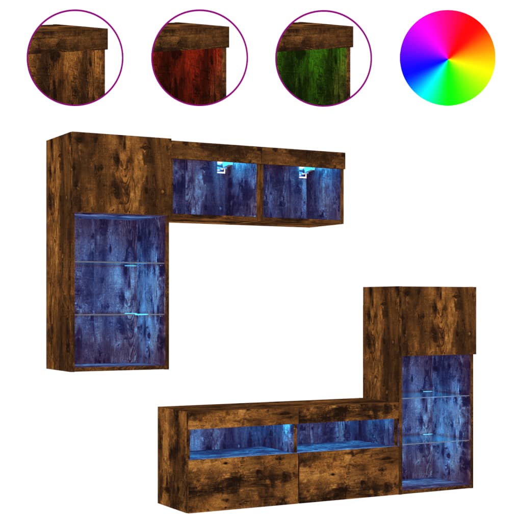 5 Piece TV Wall Units with LED Engineered Wood Smoked oak