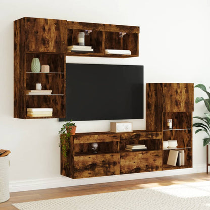 5 Piece TV Wall Units with LED Engineered Wood Smoked oak