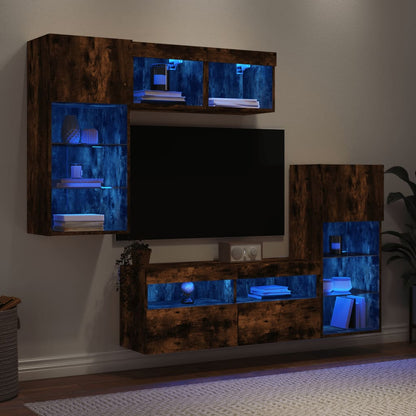 5 Piece TV Wall Units with LED Engineered Wood Smoked oak