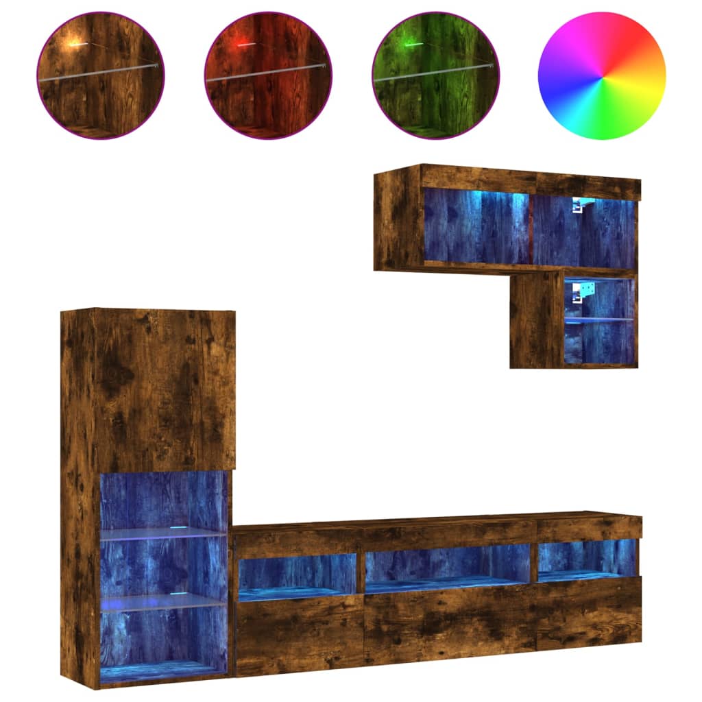 vidaXL 6 Piece TV Wall Units with LED Smoked Oak Engineered Wood 2