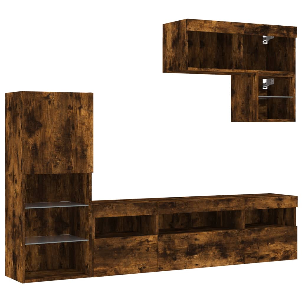 vidaXL 6 Piece TV Wall Units with LED Smoked Oak Engineered Wood 3
