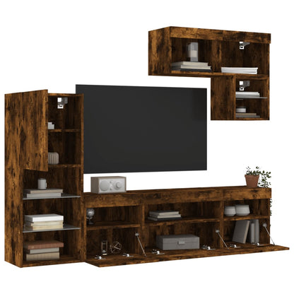 vidaXL 6 Piece TV Wall Units with LED Smoked Oak Engineered Wood 5