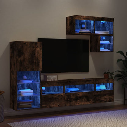 vidaXL 6 Piece TV Wall Units with LED Smoked Oak Engineered Wood 1