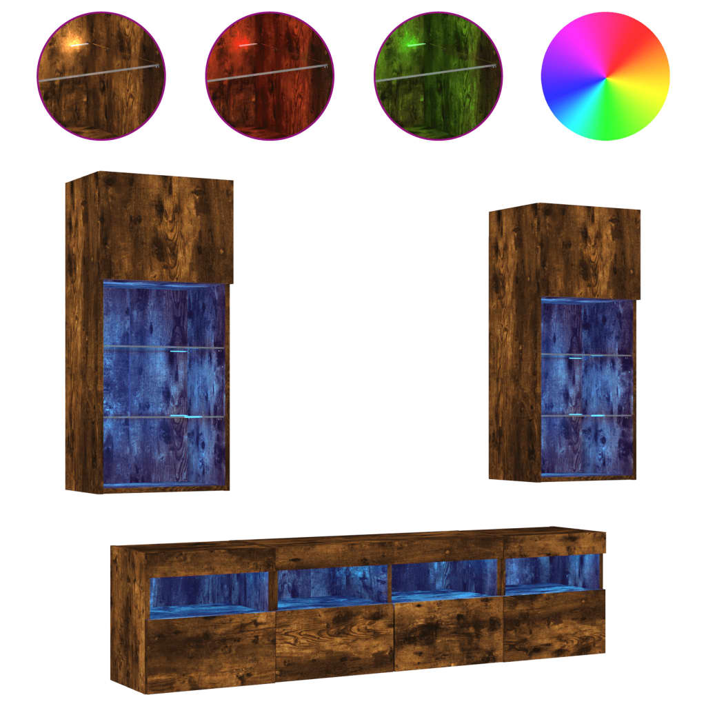 vidaXL 5 Piece TV Wall Units with LED Smoked Oak Engineered Wood 2