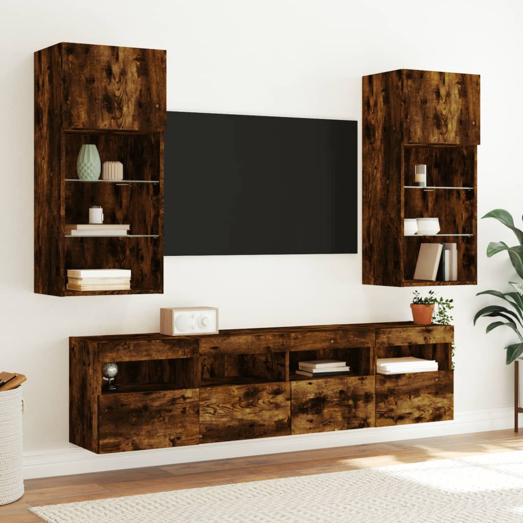 5 Piece TV Wall Units with LED Engineered Wood Smoked oak