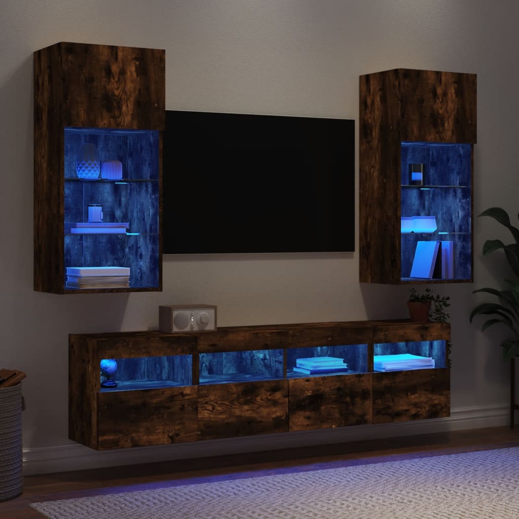 5 Piece TV Wall Units with LED Engineered Wood Smoked oak