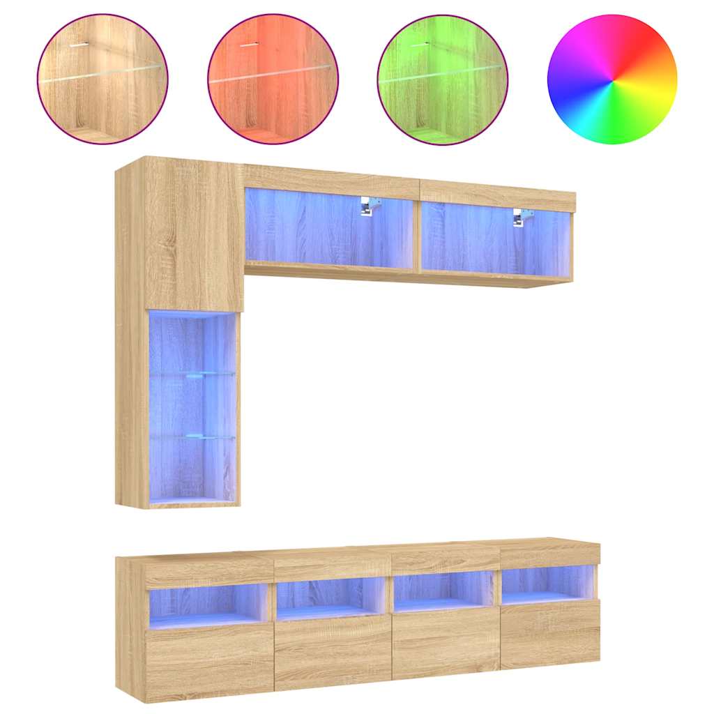 vidaXL 7 Piece TV Wall Cabinet Set with LED Lights Sonoma Oak 2