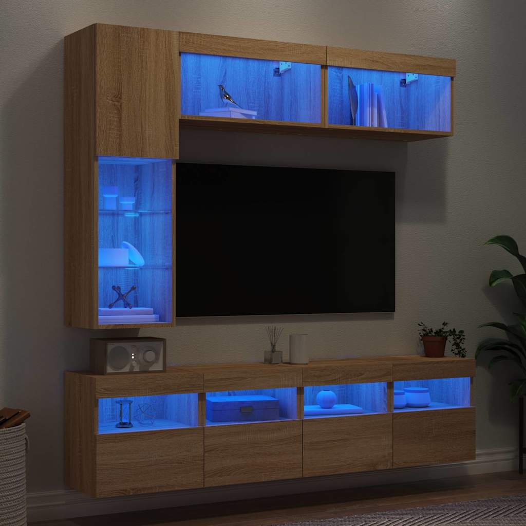 vidaXL 7 Piece TV Wall Cabinet Set with LED Lights Sonoma Oak 1
