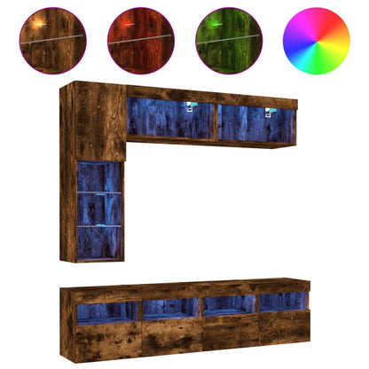 vidaXL 7 Piece TV Wall Cabinet Set with LED Lights Smoked Oak 2