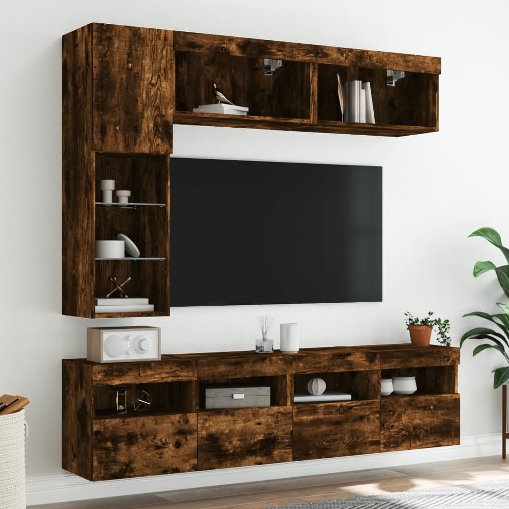 vidaXL 7 Piece TV Wall Cabinet Set with LED Lights Smoked Oak 4