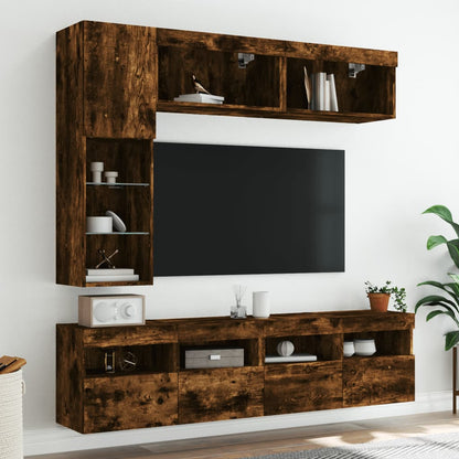 vidaXL 7 Piece TV Wall Cabinet Set with LED Lights Smoked Oak 4