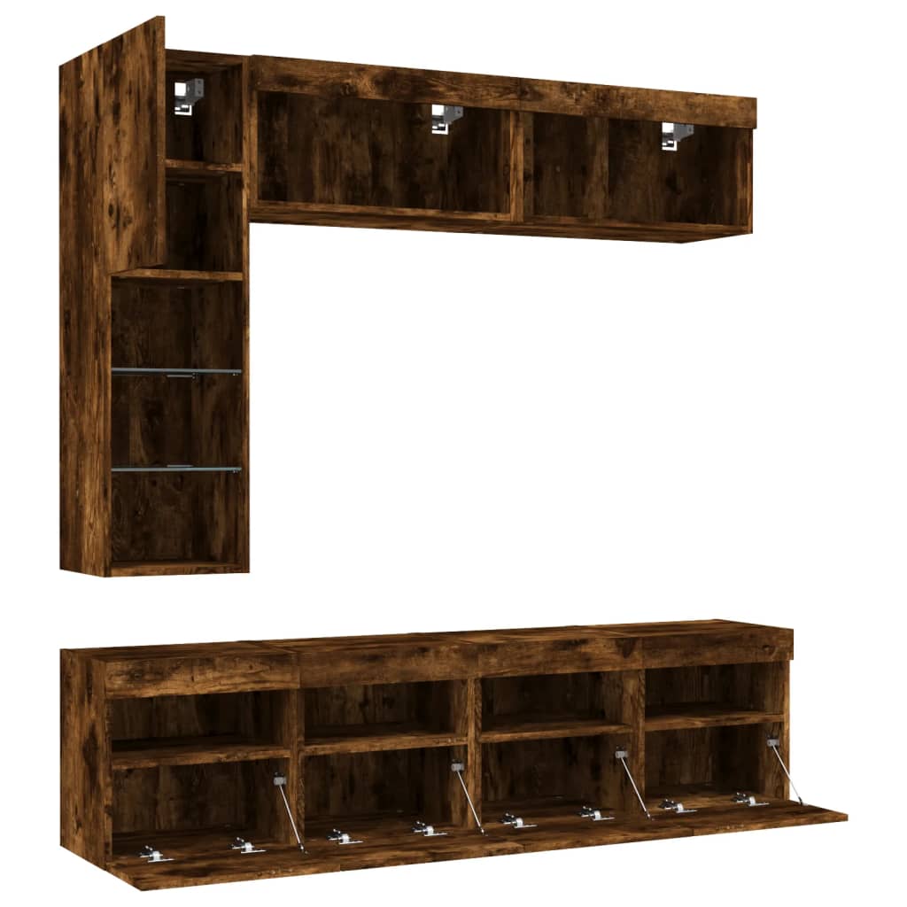 vidaXL 7 Piece TV Wall Cabinet Set with LED Lights Smoked Oak 6