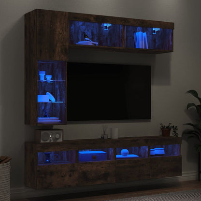 vidaXL 7 Piece TV Wall Cabinet Set with LED Lights Smoked Oak 1