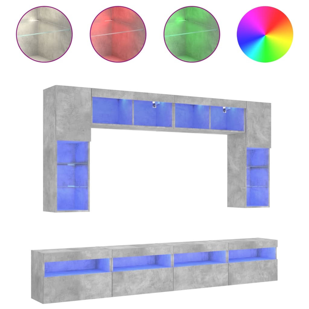 vidaXL 8 Piece TV Wall Cabinet Set with LED Lights Concrete Grey 2