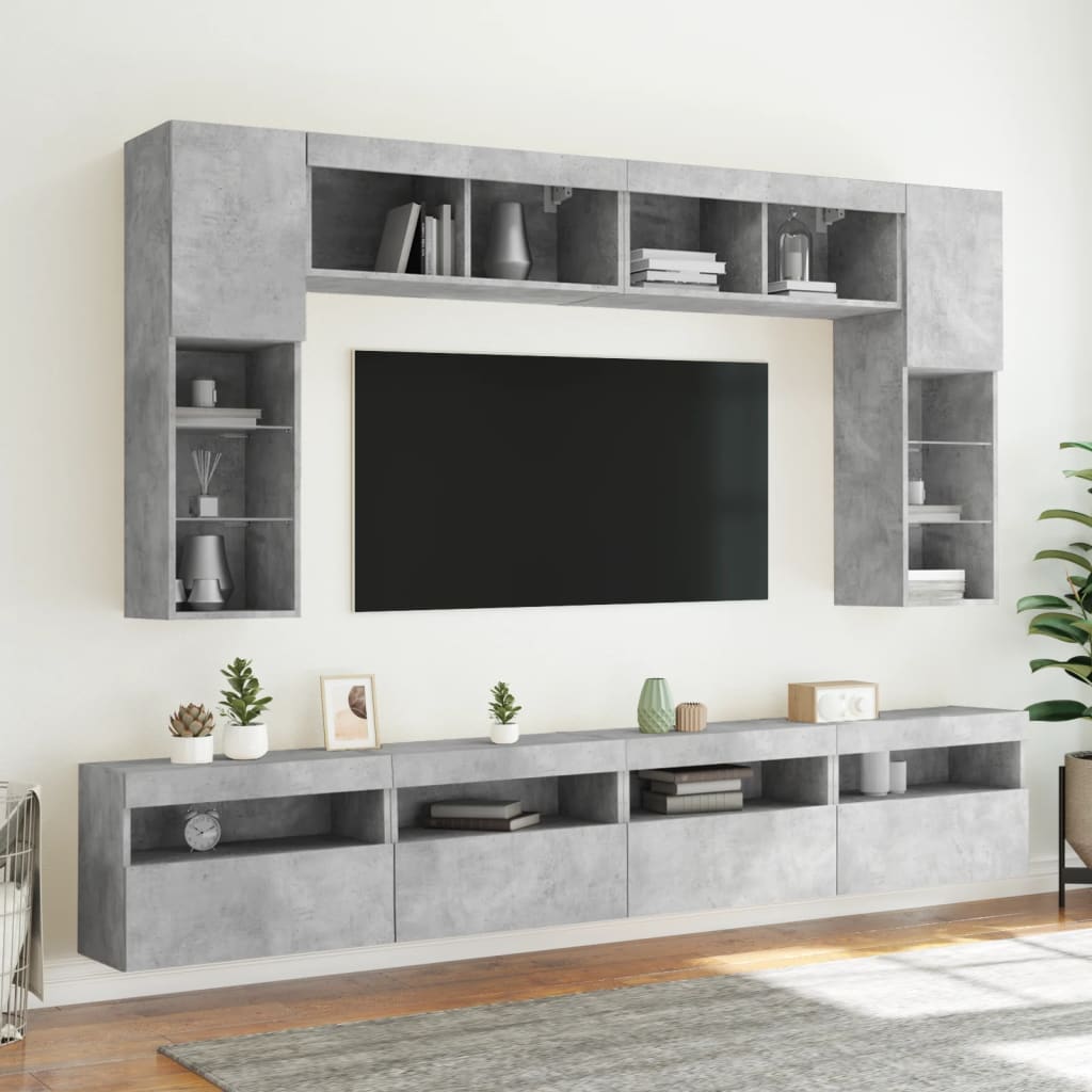 vidaXL 8 Piece TV Wall Cabinet Set with LED Lights Concrete Grey 3