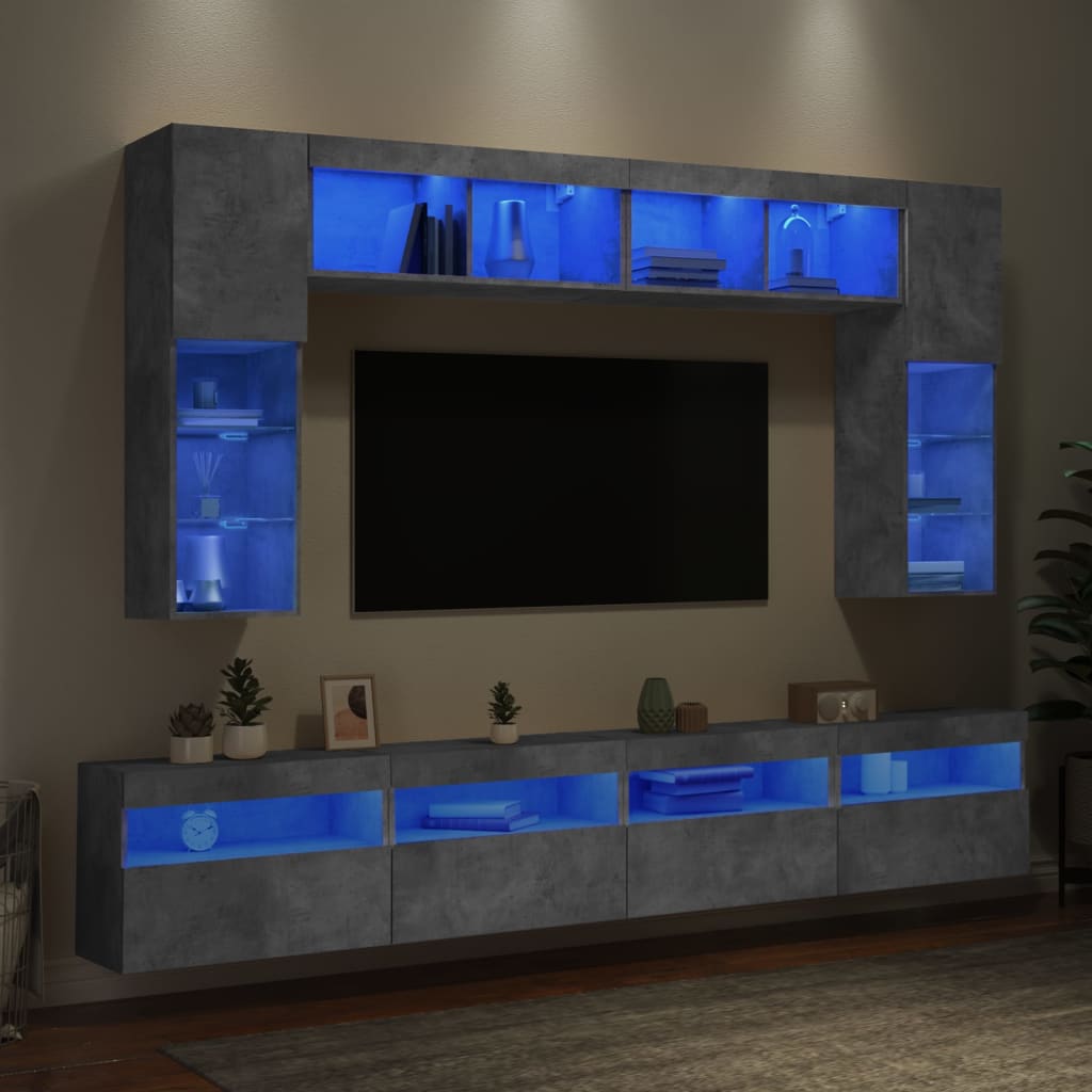 vidaXL 8 Piece TV Wall Cabinet Set with LED Lights Concrete Grey 1