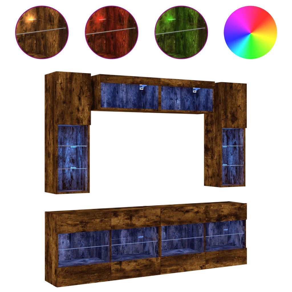 vidaXL 6 Piece TV Wall Cabinet Set with LED Lights Smoked Oak 2