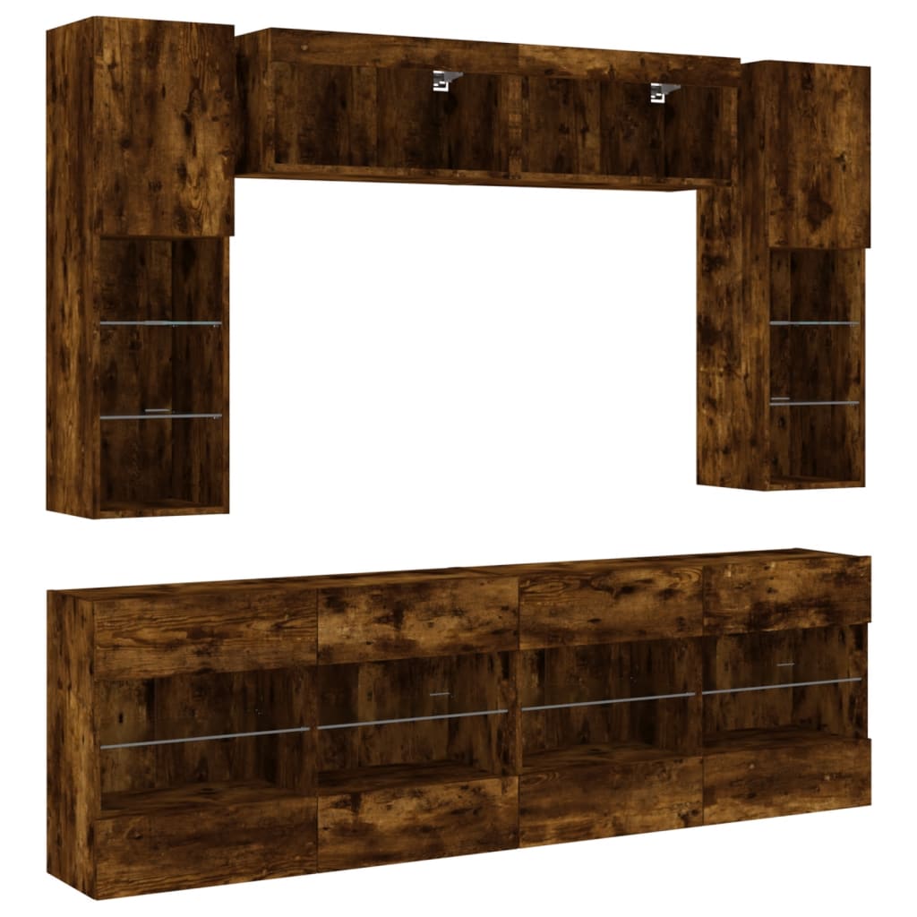 vidaXL 6 Piece TV Wall Cabinet Set with LED Lights Smoked Oak 4