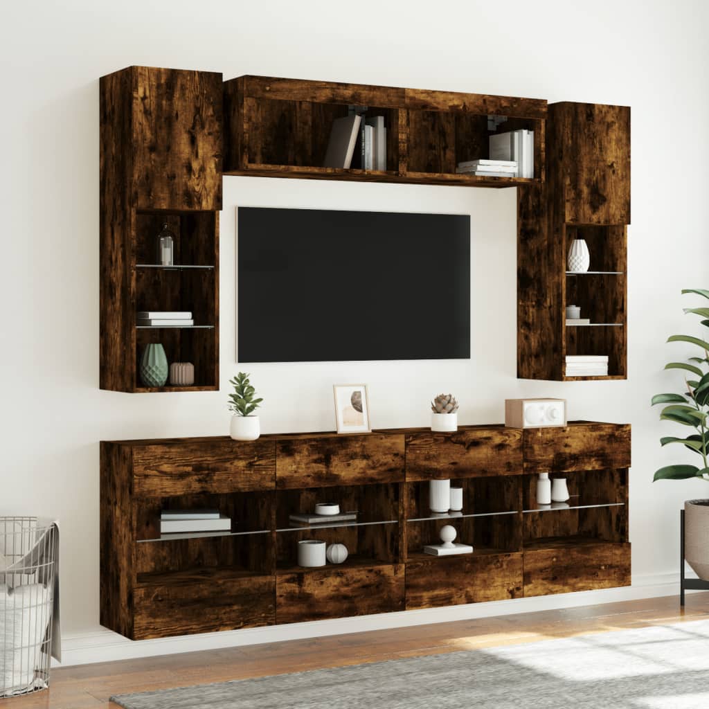 vidaXL 6 Piece TV Wall Cabinet Set with LED Lights Smoked Oak 3
