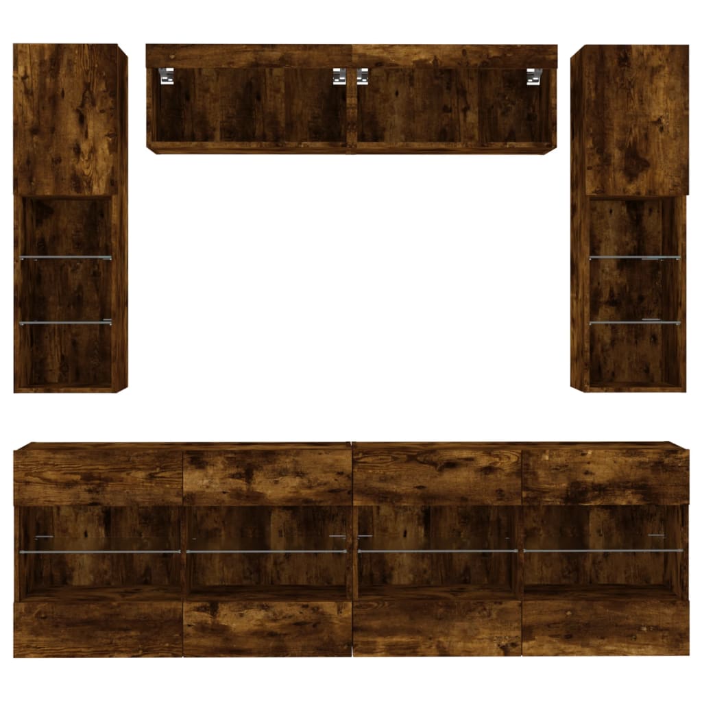vidaXL 6 Piece TV Wall Cabinet Set with LED Lights Smoked Oak 5