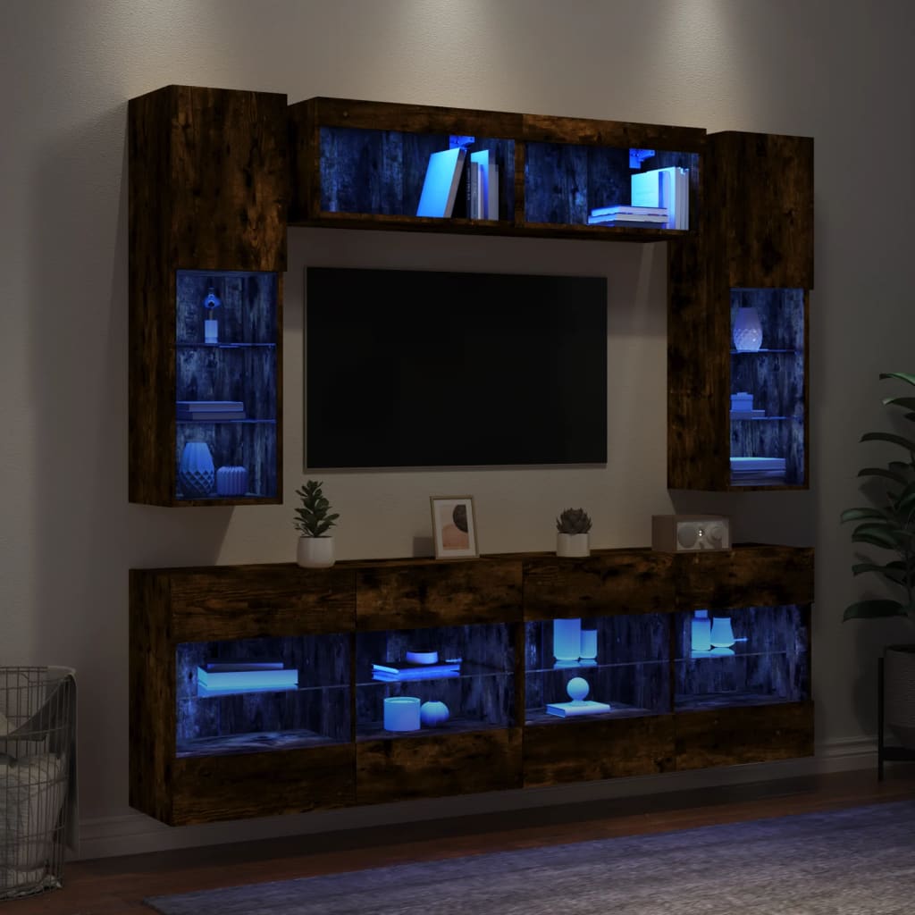 vidaXL 6 Piece TV Wall Cabinet Set with LED Lights Smoked Oak 1