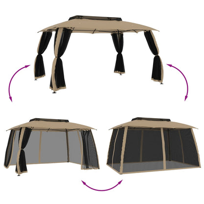 vidaXL Gazebo with Double Roof and Mesh Walls Taupe 3.93x2.93 m Steel 6