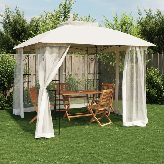 Gazebo with Double Roof and Mesh Walls 2.94x2.94 m Steel Cream