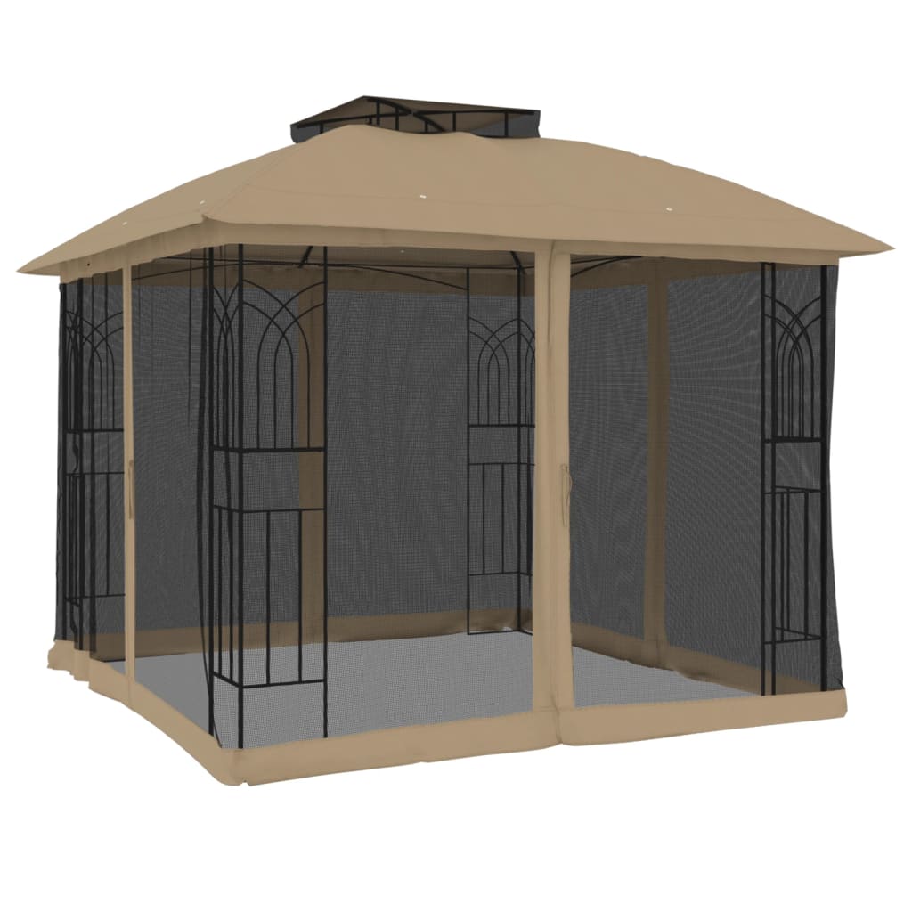 vidaXL Gazebo with Double Roof and Mesh Walls Taupe 2.94x2.94 m Steel 4
