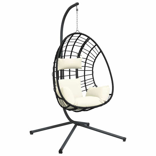 Hanging Egg Chair with Stand Beige Rattan and Steel, image 2