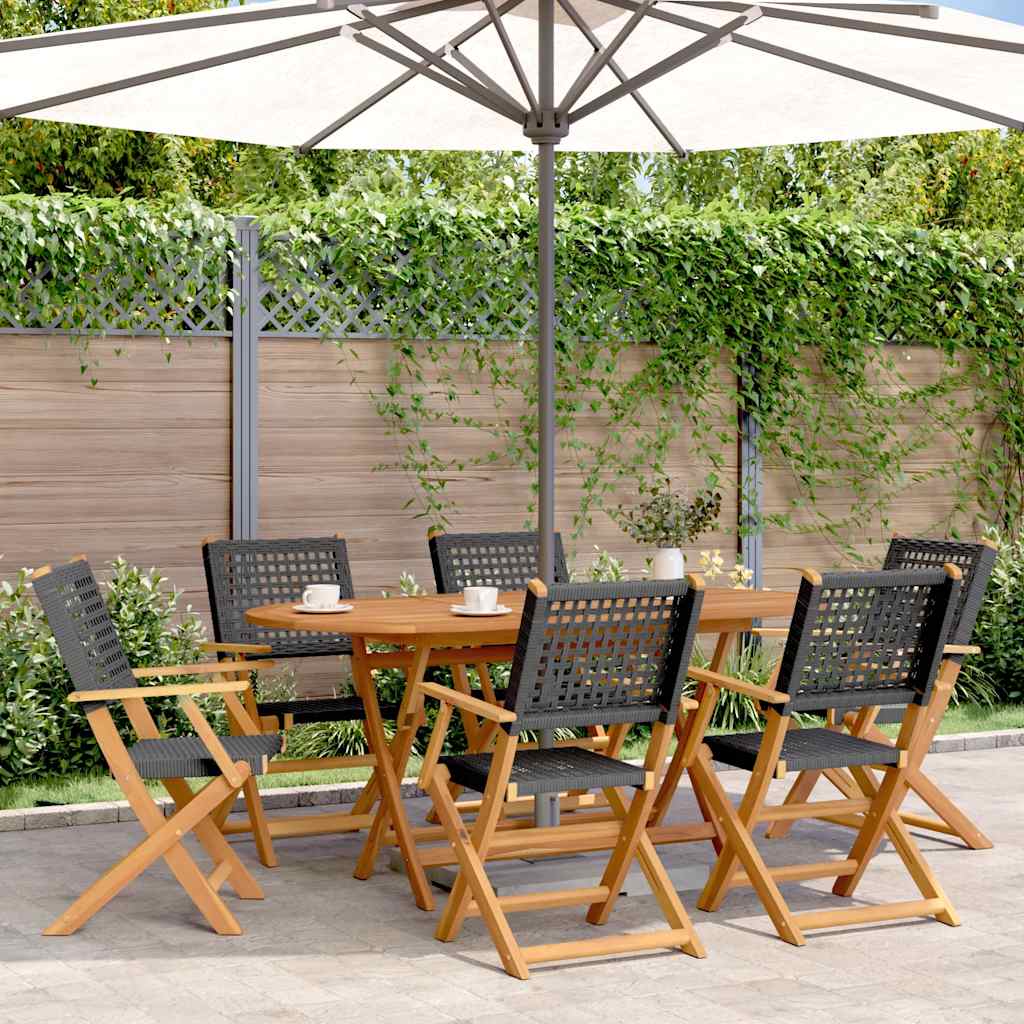 vidaXL Folding Chairs 6 pcs Black Poly Rattan and Solid Wood 1