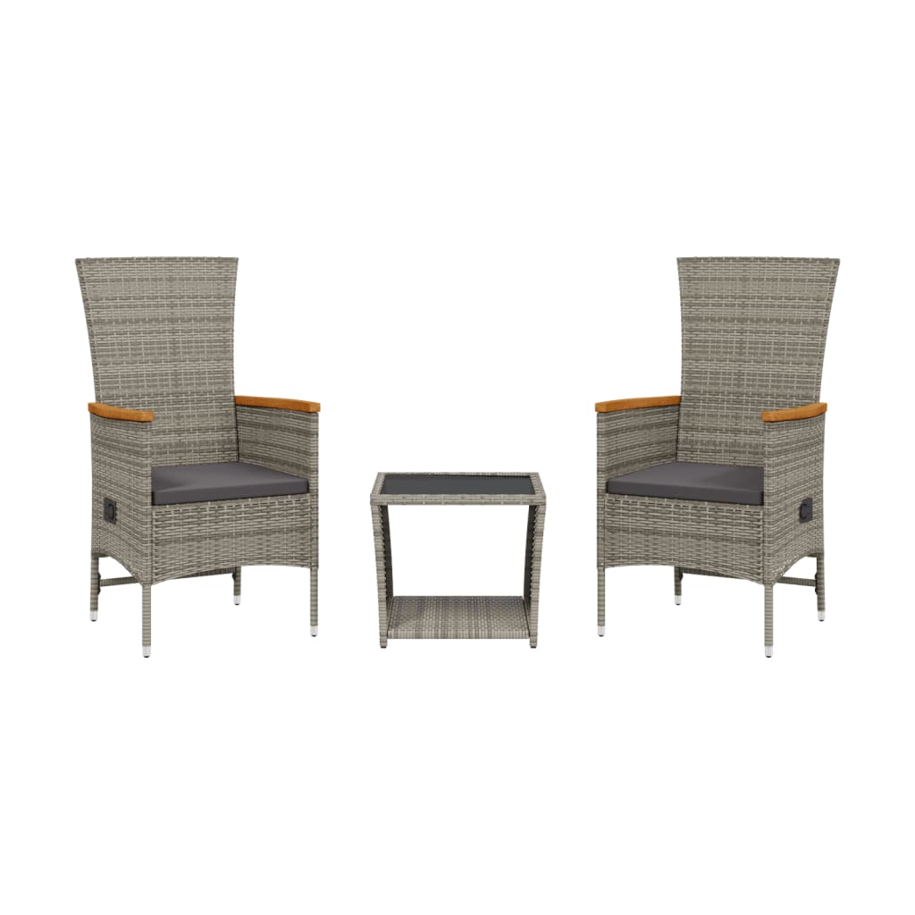 vidaXL 3 Piece Garden Dining Set with Cushions Grey Poly Rattan 2