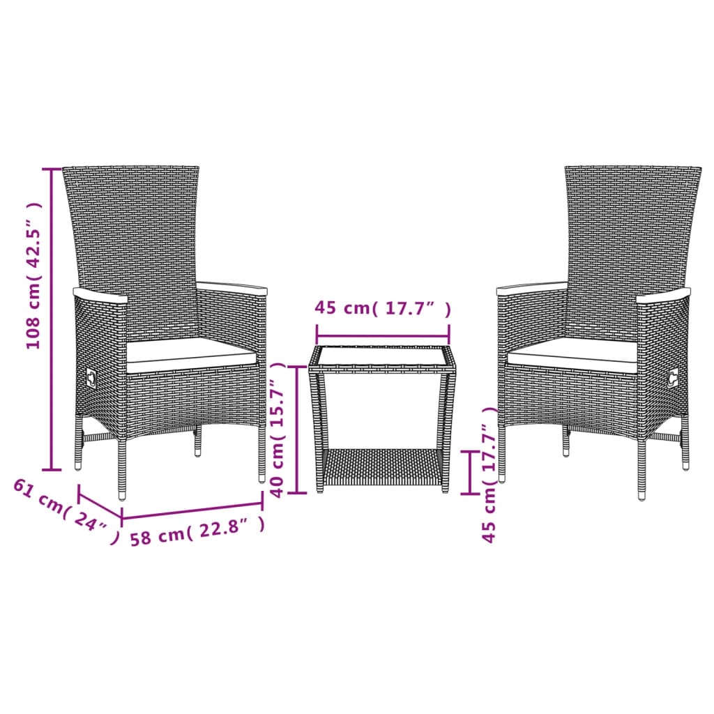 vidaXL 3 Piece Garden Dining Set with Cushions Grey Poly Rattan 4