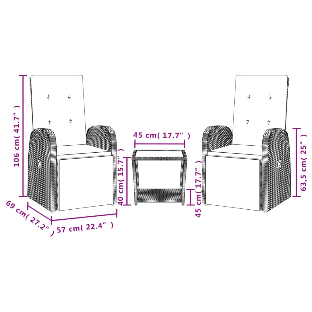 vidaXL 3 Piece Garden Dining Set with Cushions Grey Poly Rattan 4
