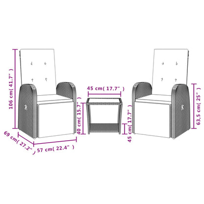vidaXL 3 Piece Garden Dining Set with Cushions Grey Poly Rattan 4