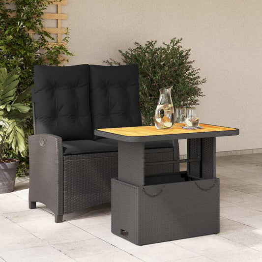 2 Piece Garden Dining Set with Cushions Black Poly Rattan 90 cm table length