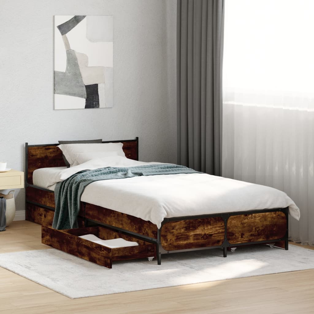 Bed Frame with Drawers without Mattress Smoked oak 75 cm