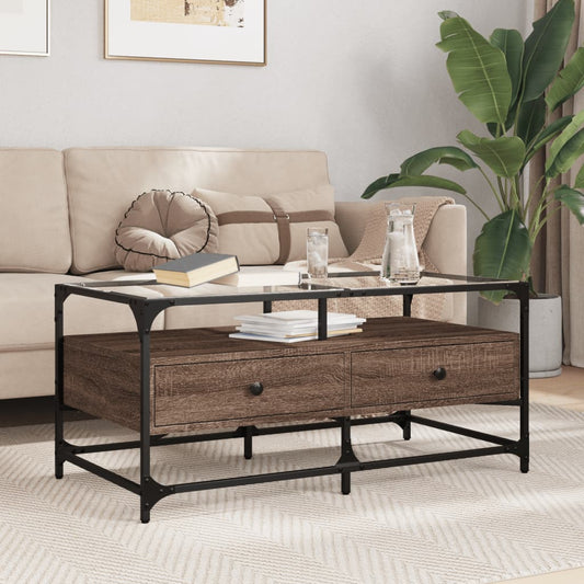 Coffee Table with Glass Top 98,5x50x45 cm Steel Brown oak