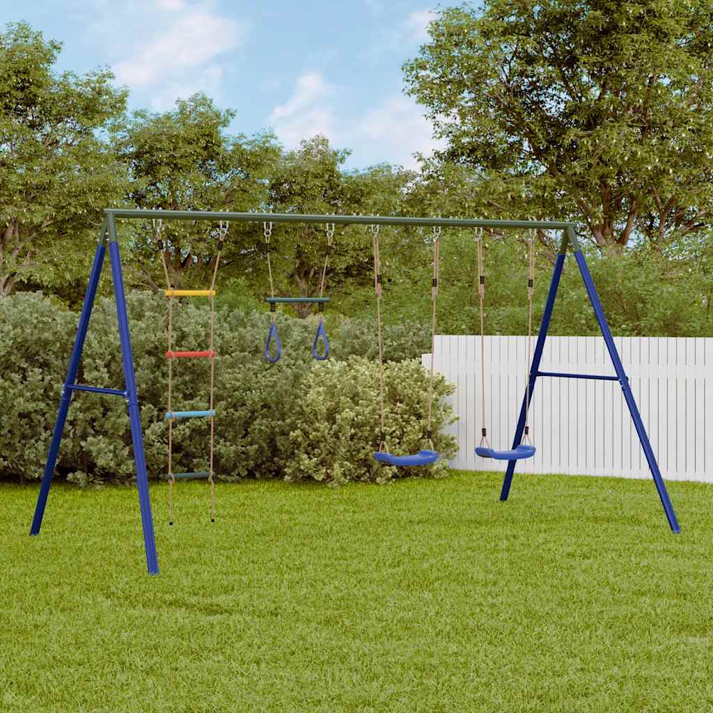 Outdoor Swing Set Multicolour Steel and PE Blue 2x swing seat–Swing seat + disc swing 2x swing seat + trapeze + ladder