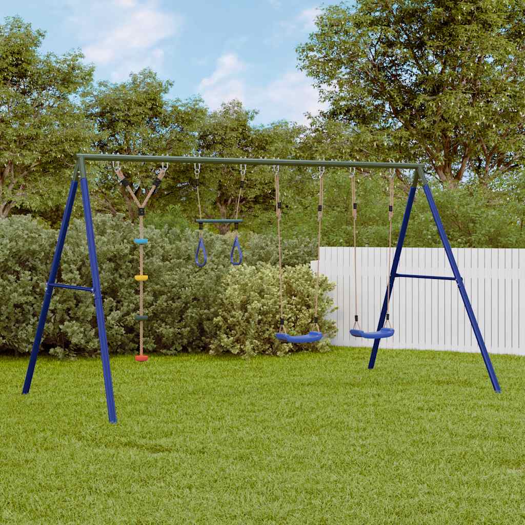 Outdoor Swing Set Multicolour Steel and PE Blue 2x swing seat–Swing seat + disc swing 2x swing seat + trapeze + disc swing