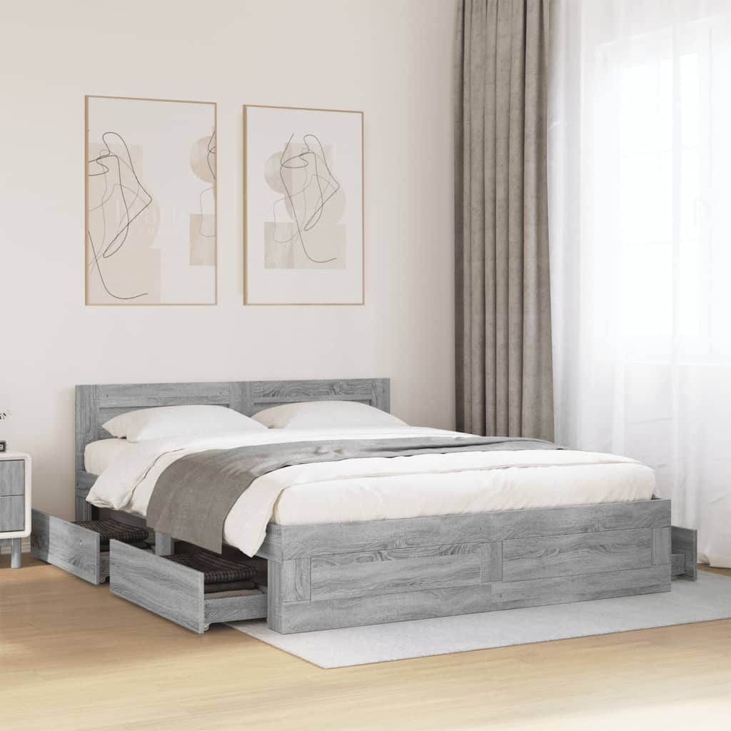 Bed Frame with Headboard without Mattress Grey Sonoma 160 x 200 cm
