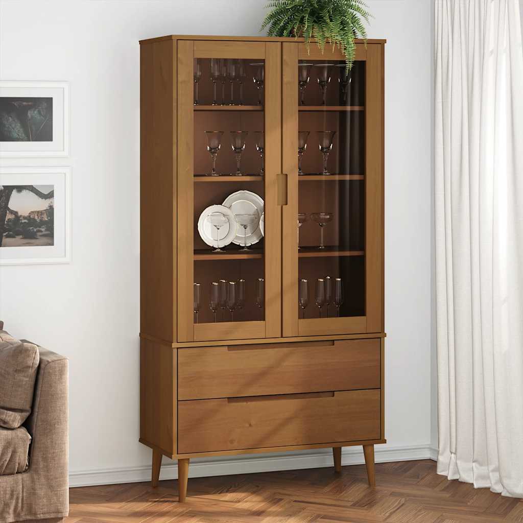 vidaXL Vitrine Cabinet "MOLDE" Brown 90x35x175 cm Solid Wood Pine 1