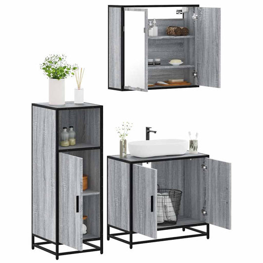 3 Piece Bathroom Furniture Set Engineered Wood Grey sonoma