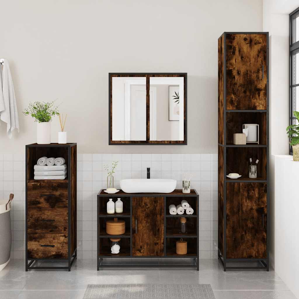 vidaXL 3 Piece Bathroom Furniture Set Smoked Oak Engineered Wood 3