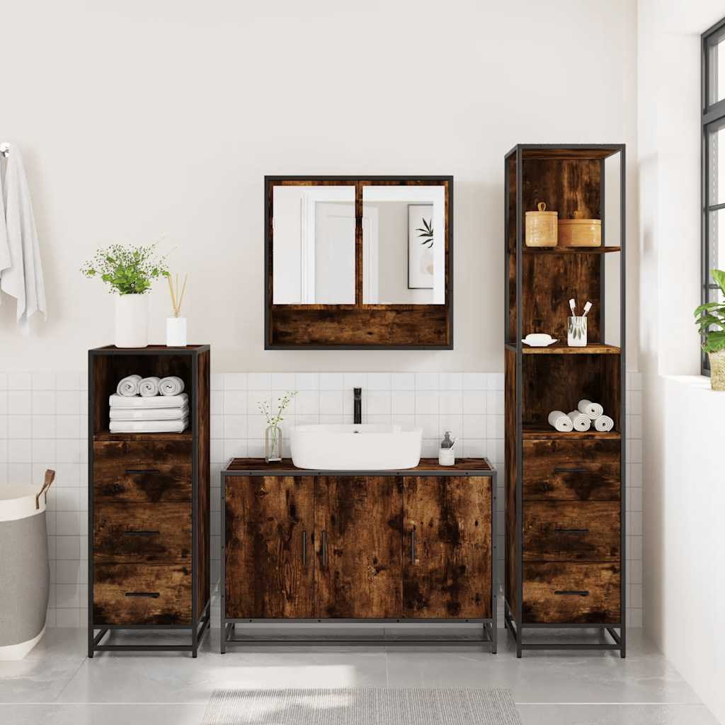 vidaXL 4 Piece Bathroom Furniture Set Smoked Oak Engineered Wood 4